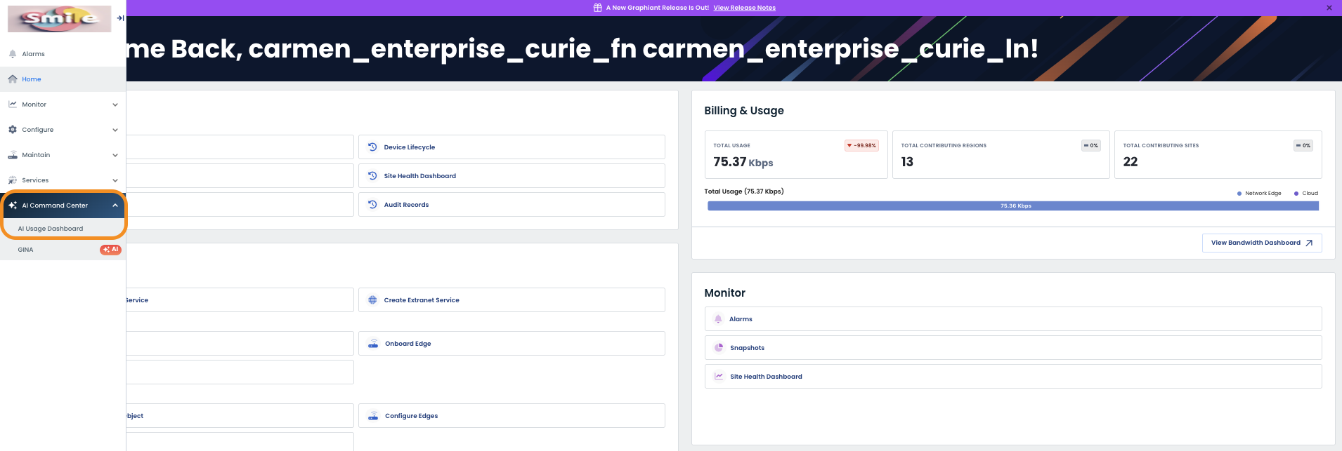 Dashboard displaying AI Command Center and usage statistics for network performance.